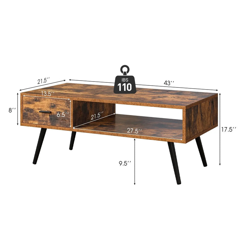 Retro Rectangular Coffee Table with Drawer and Storage Shelf-Rustic Brown by DirectDeals