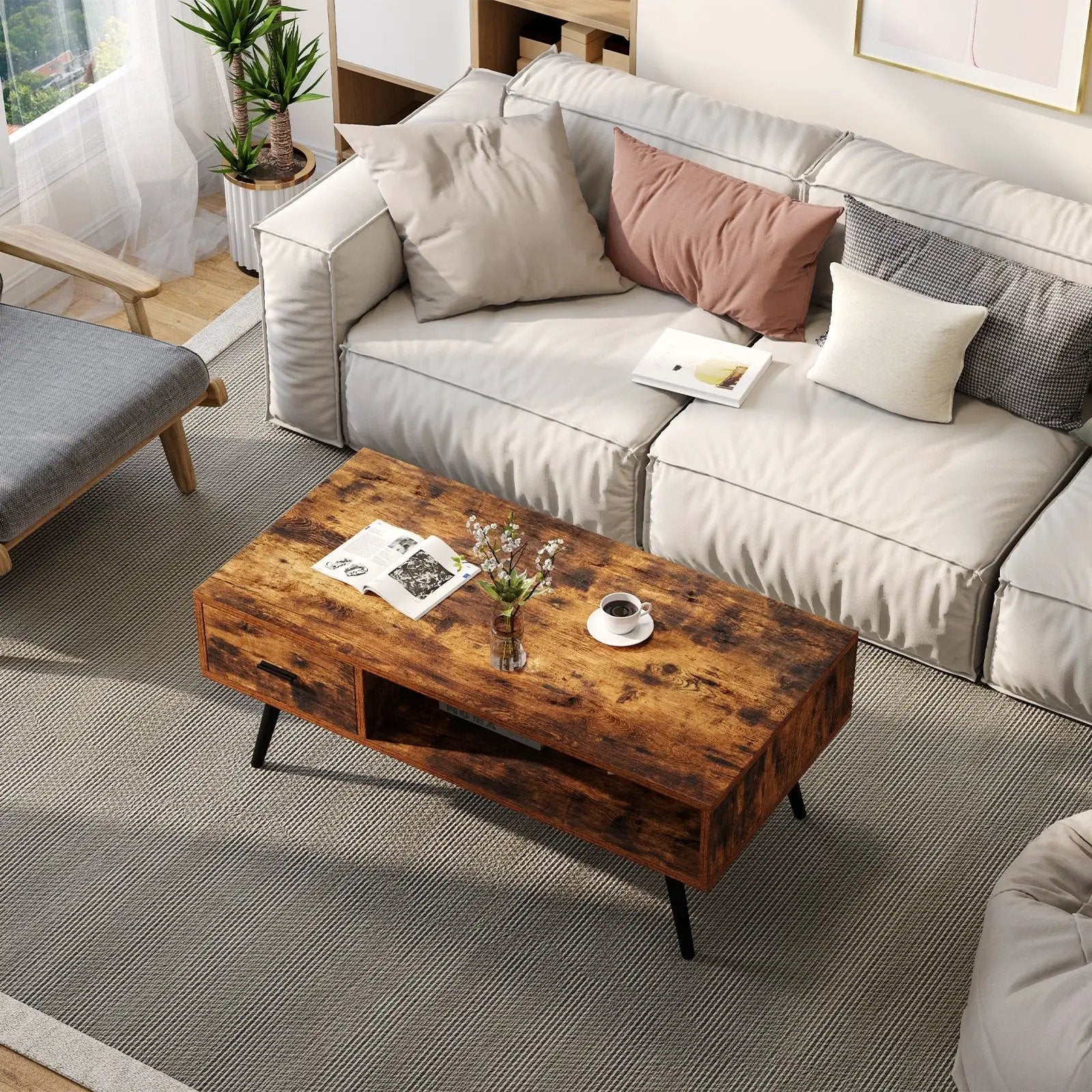Retro Rectangular Coffee Table with Drawer and Storage Shelf-Rustic Brown by DirectDeals