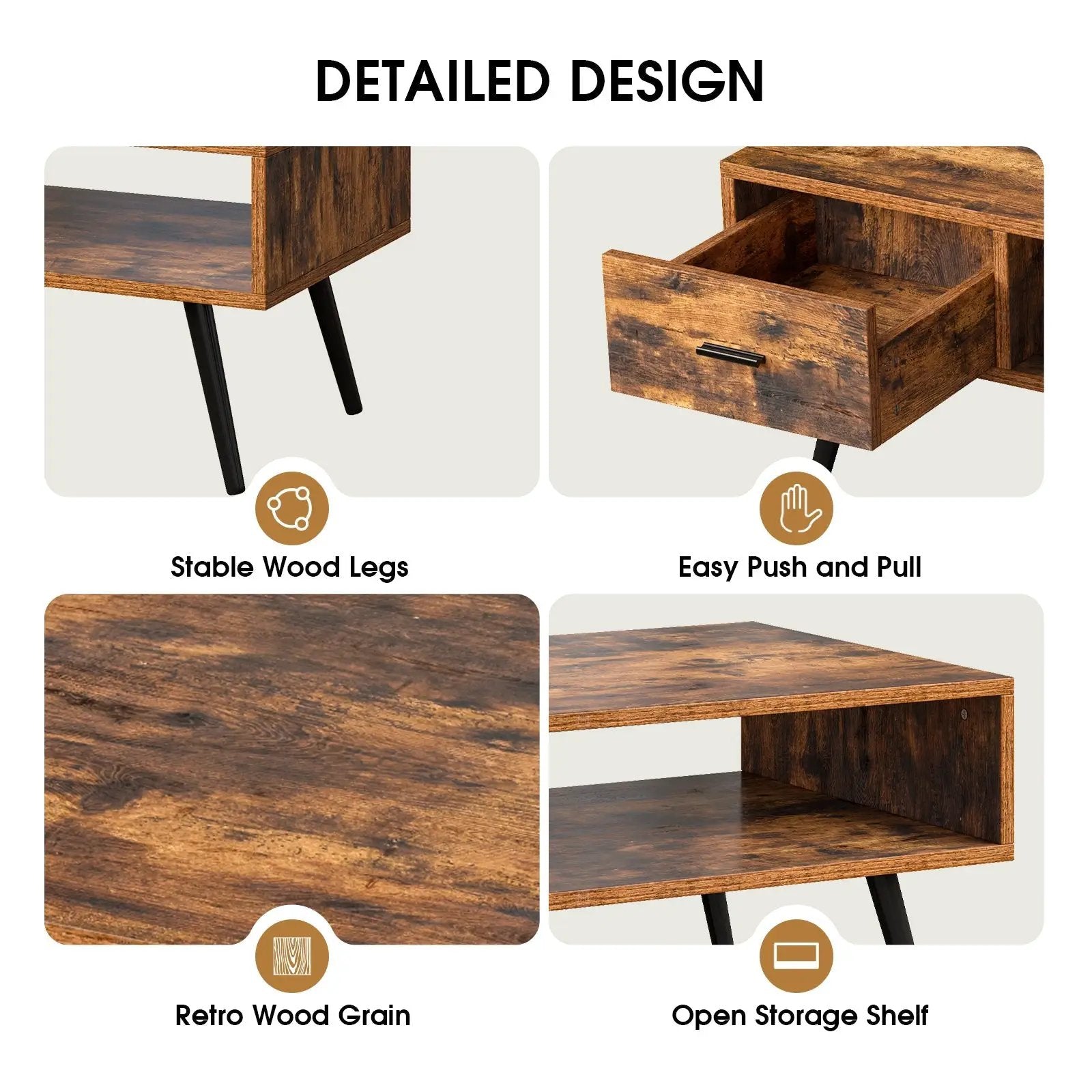 Retro Rectangular Coffee Table with Drawer and Storage Shelf-Rustic Brown by DirectDeals