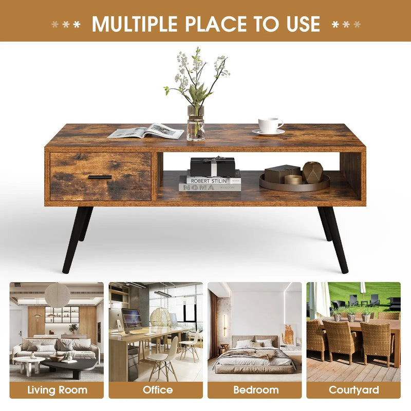 Retro Rectangular Coffee Table with Drawer and Storage Shelf-Rustic Brown by DirectDeals