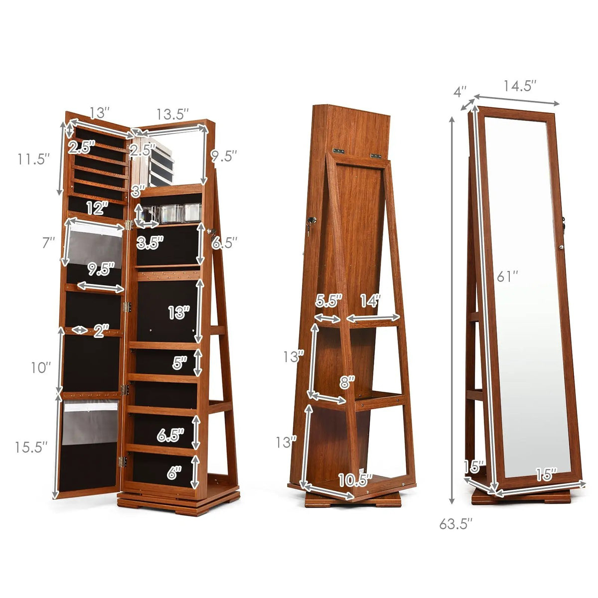 360° Rotatable 2-in-1 Lockable Jewelry Cabinet with Full-Length Mirror, photo 5 of 17