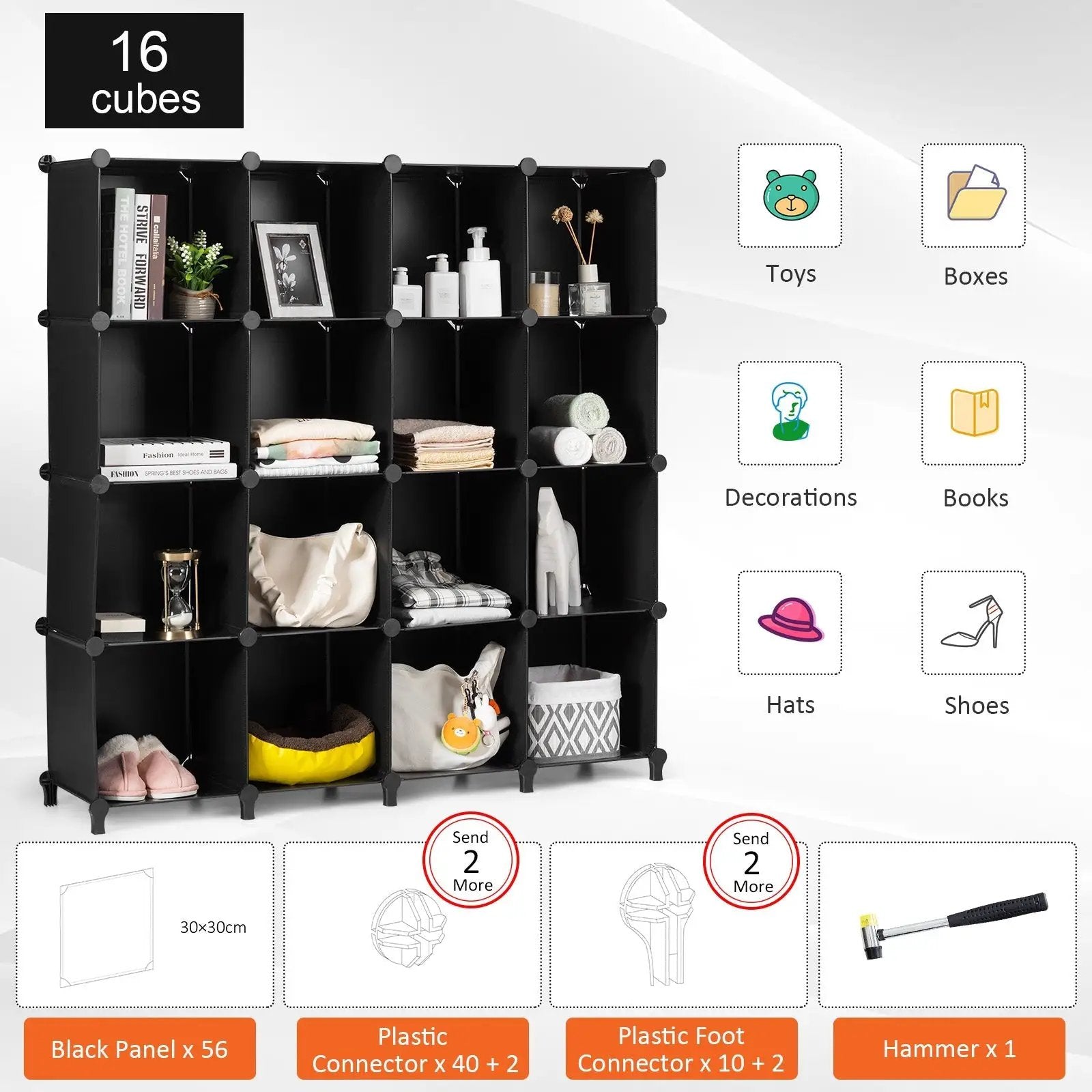 16 Cubes Plastic Storage Organizer with Rustproof Steel Frame-Black by DirectDeals