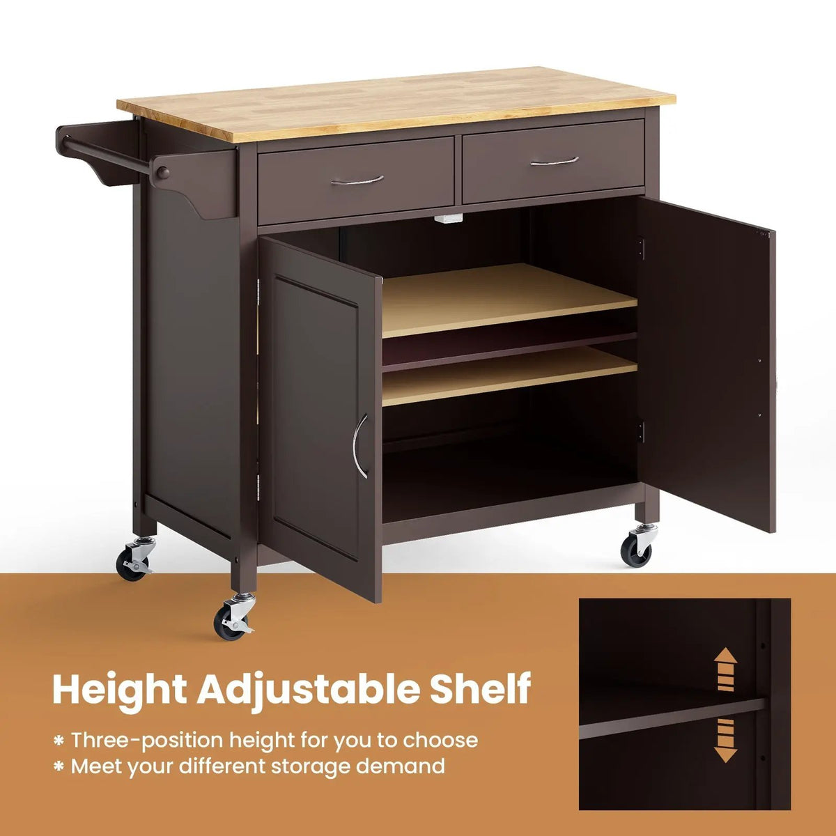 Modern Rolling Kitchen Cart Island with Wooden Top, photo 5 of 9