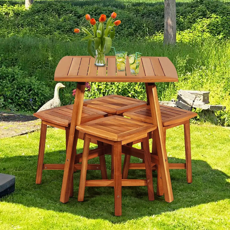 5 Pieces Wood Patio Dining Set with Square Table and 4 Stools by DirectDeals