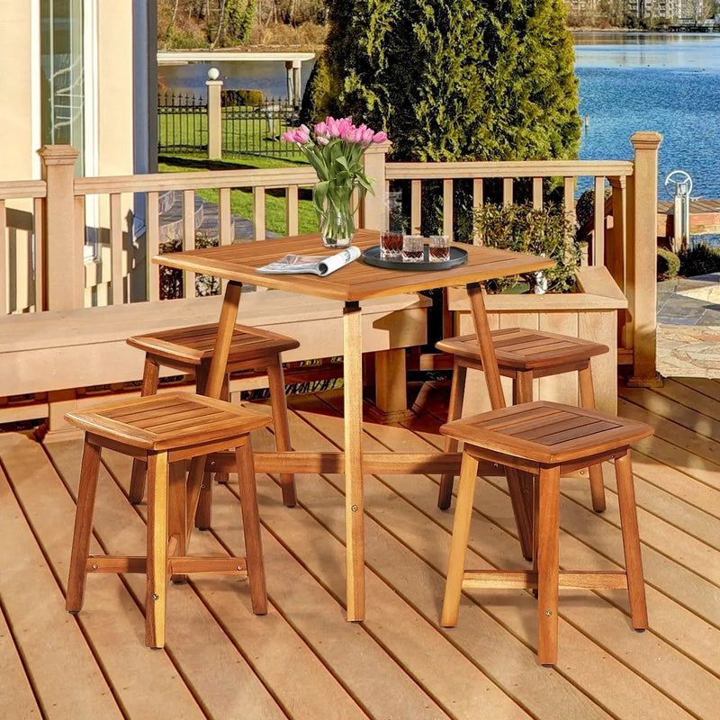 5 Pieces Wood Patio Dining Set with Square Table and 4 Stools by DirectDeals