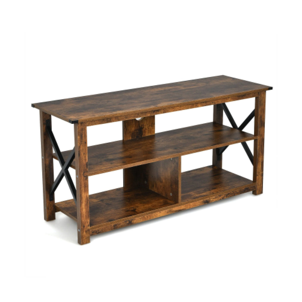 3 Tier Wood TV Stand for 55-Inch with Open Shelves and X-Shaped Frame, photo 9 of 11