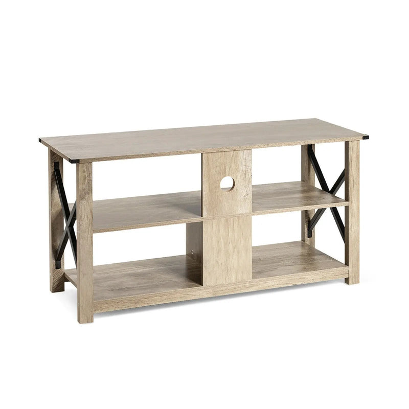 3 Tier Wood TV Stand for 55-Inch with Open Shelves and X-Shaped Frame by DirectDeals