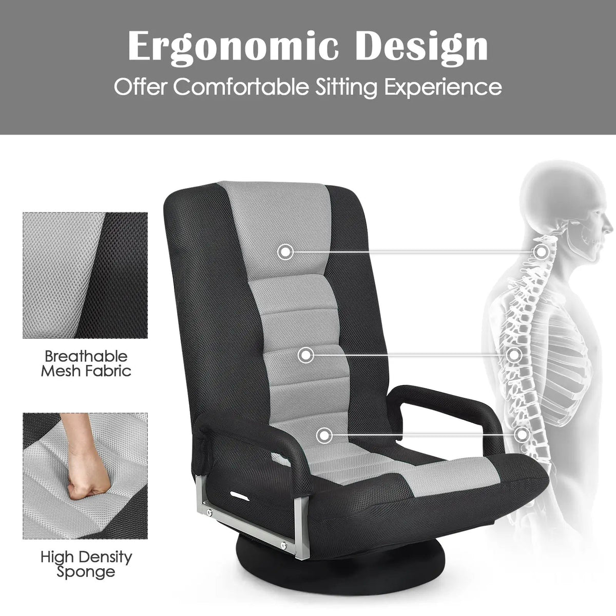 360-Degree Swivel Gaming Floor Chair with Foldable Adjustable Backrest, photo 30 of 32