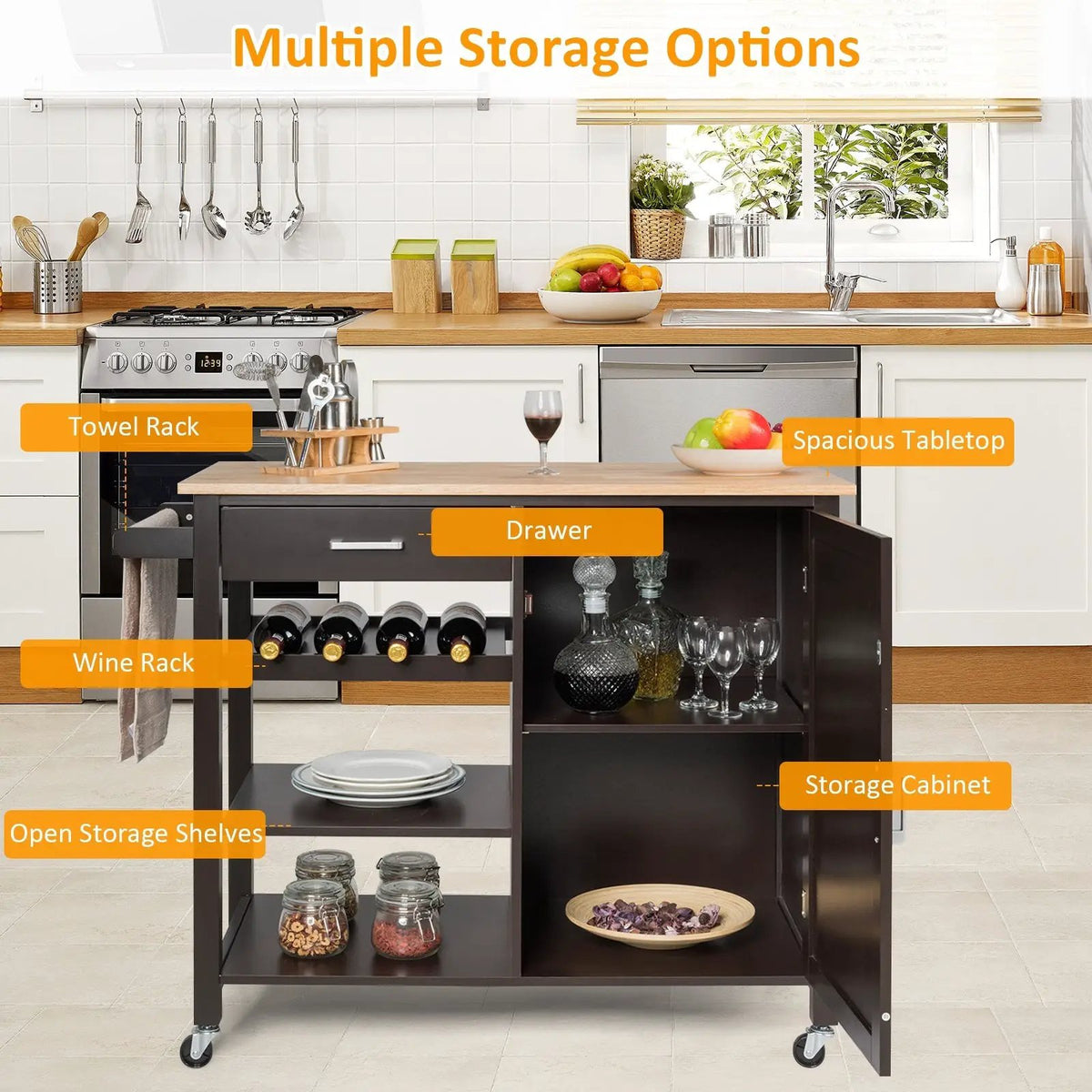 Kitchen Island Cart Rolling Serving Cart Wood Trolley, photo 10 of 16