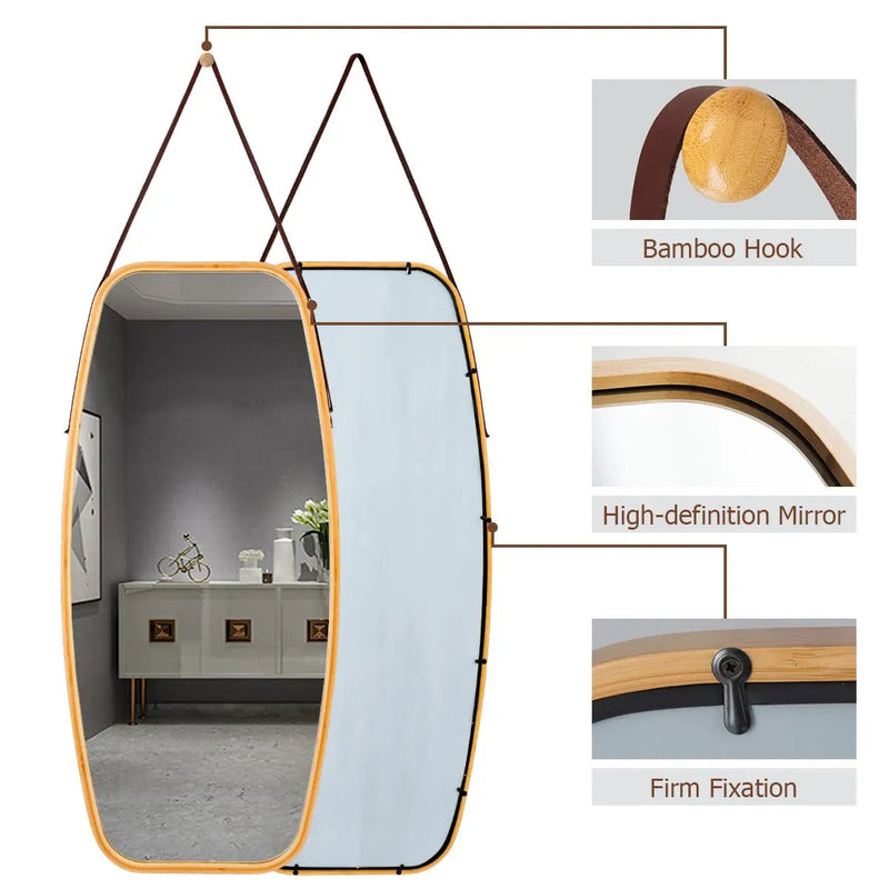 Modern Wall Mirror with Bamboo Frame and Adjustable Leather Strap by DirectDeals