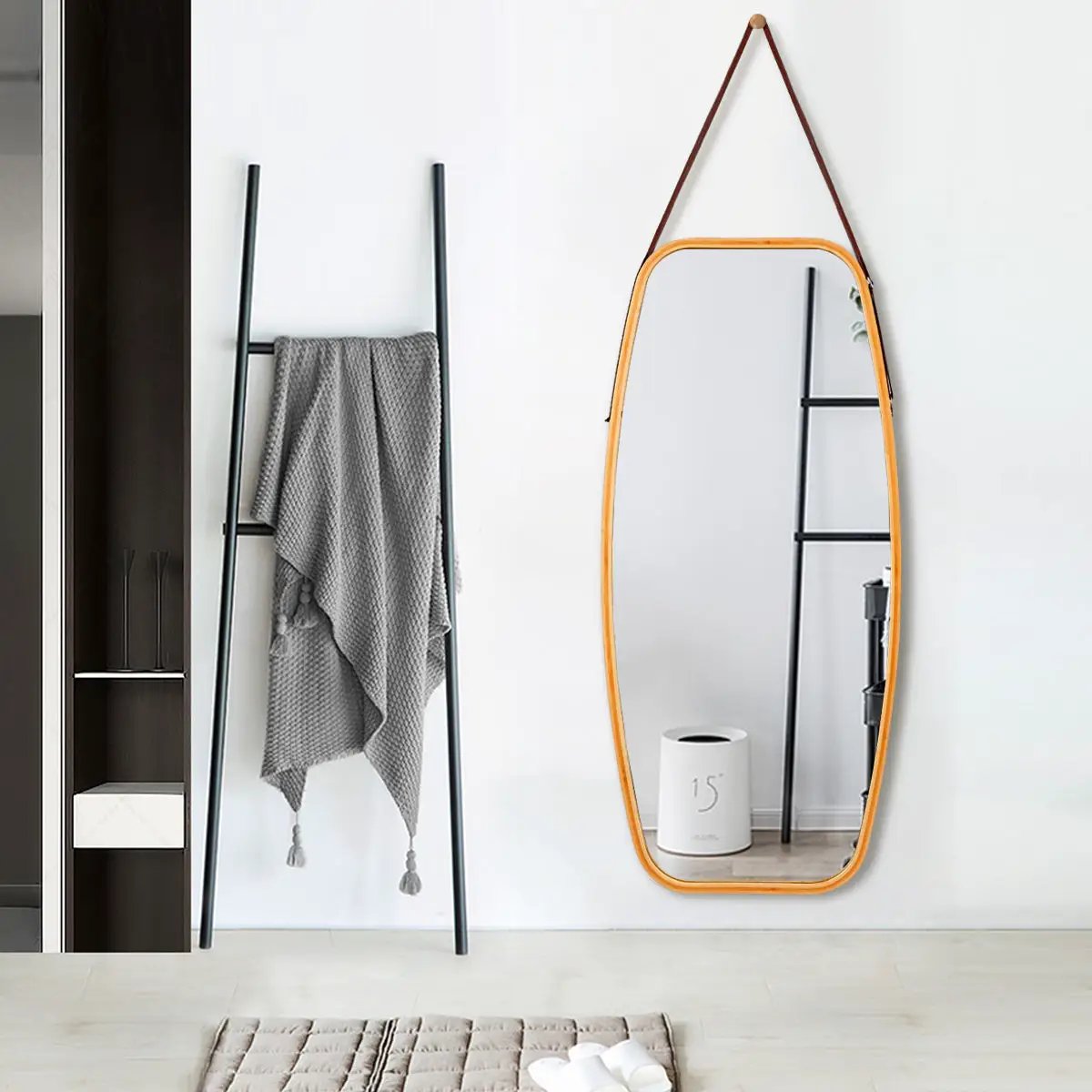 Modern Wall Mirror with Bamboo Frame and Adjustable Leather Strap by DirectDeals