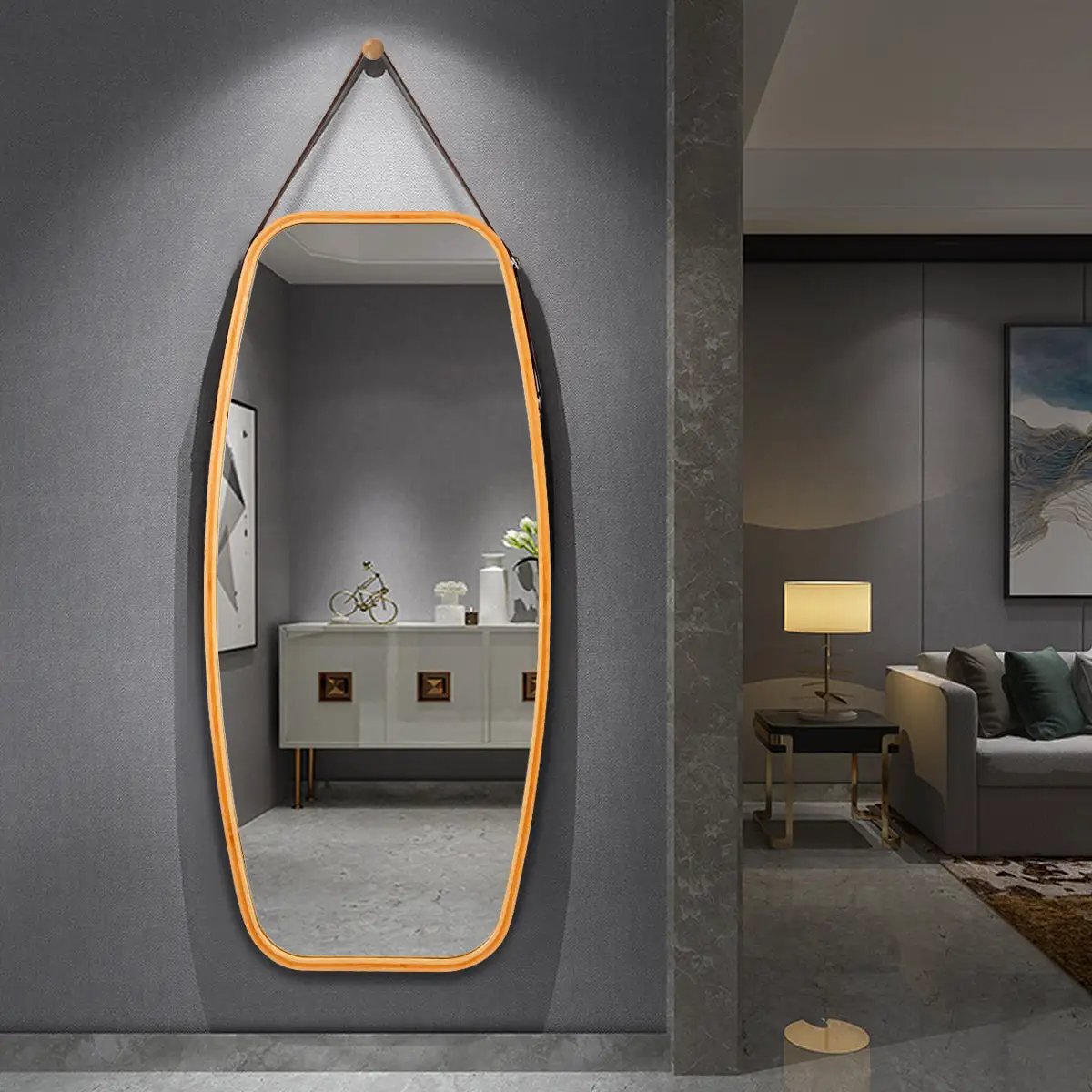 Modern Wall Mirror with Bamboo Frame and Adjustable Leather Strap by DirectDeals