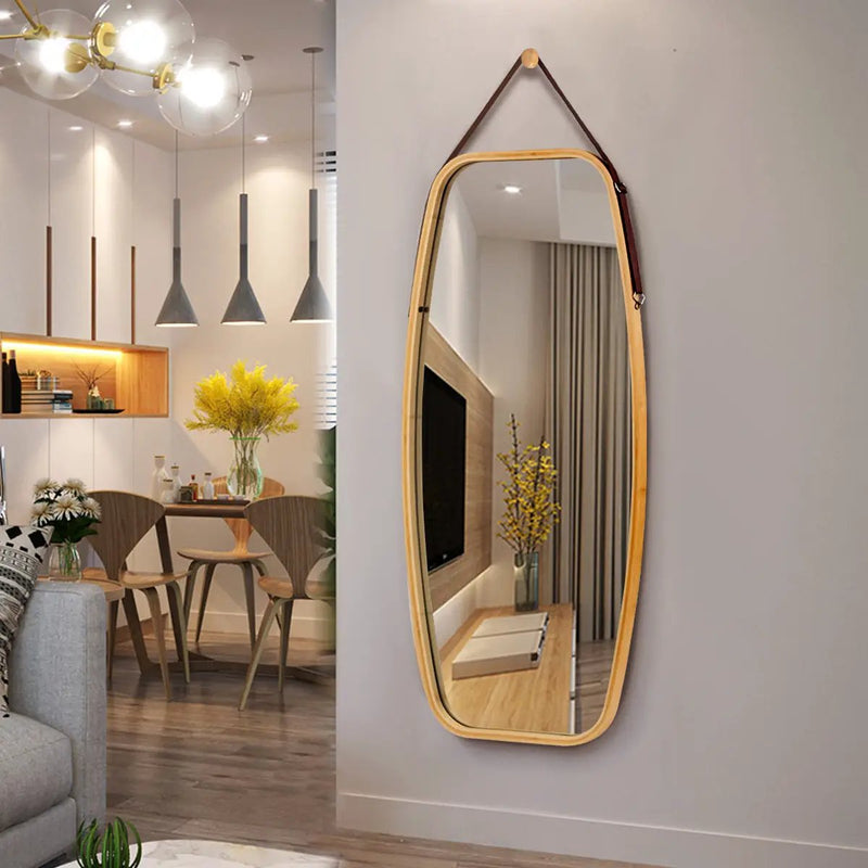 Modern Wall Mirror with Bamboo Frame and Adjustable Leather Strap by DirectDeals