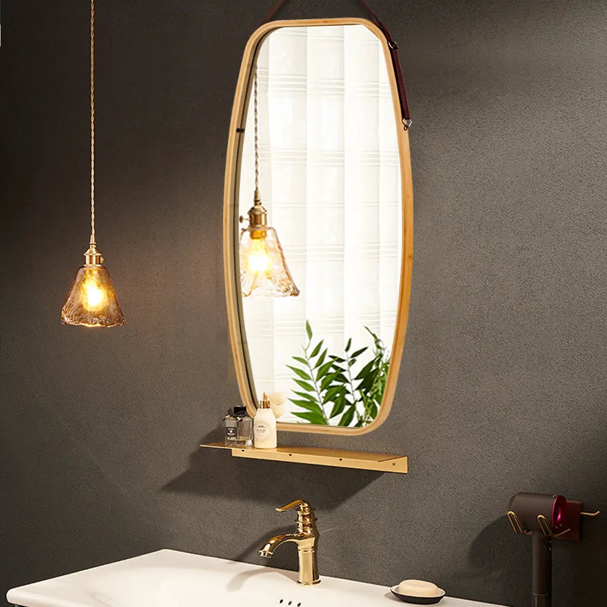 Modern Wall Mirror with Bamboo Frame and Adjustable Leather Strap by DirectDeals