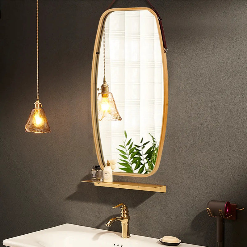 Modern Wall Mirror with Bamboo Frame and Adjustable Leather Strap by DirectDeals