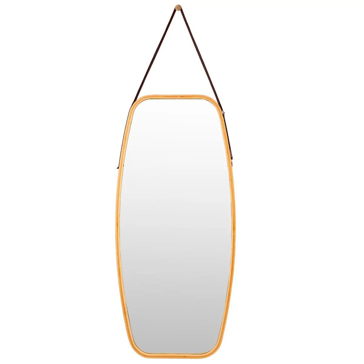 Modern Wall Mirror with Bamboo Frame and Adjustable Leather Strap by DirectDeals