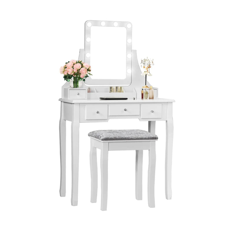 Vanity Dressing Table Set with 10 Dimmable Bulbs and Cushioned Stool by DirectDeals