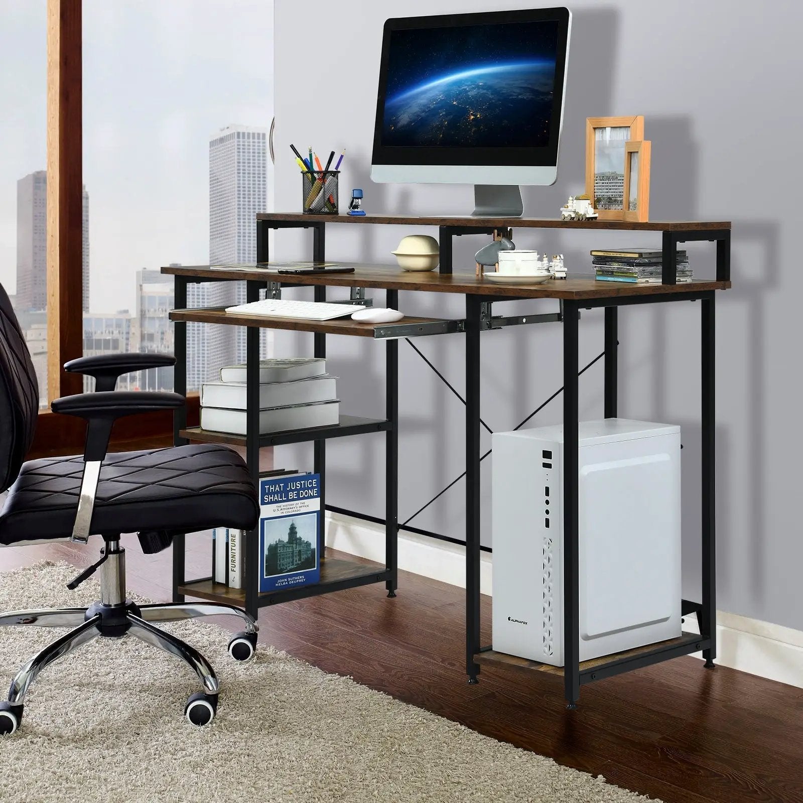47 Inches Computer Desk Writing Study Table with Keyboard Tray and Monitor Stand by DirectDeals