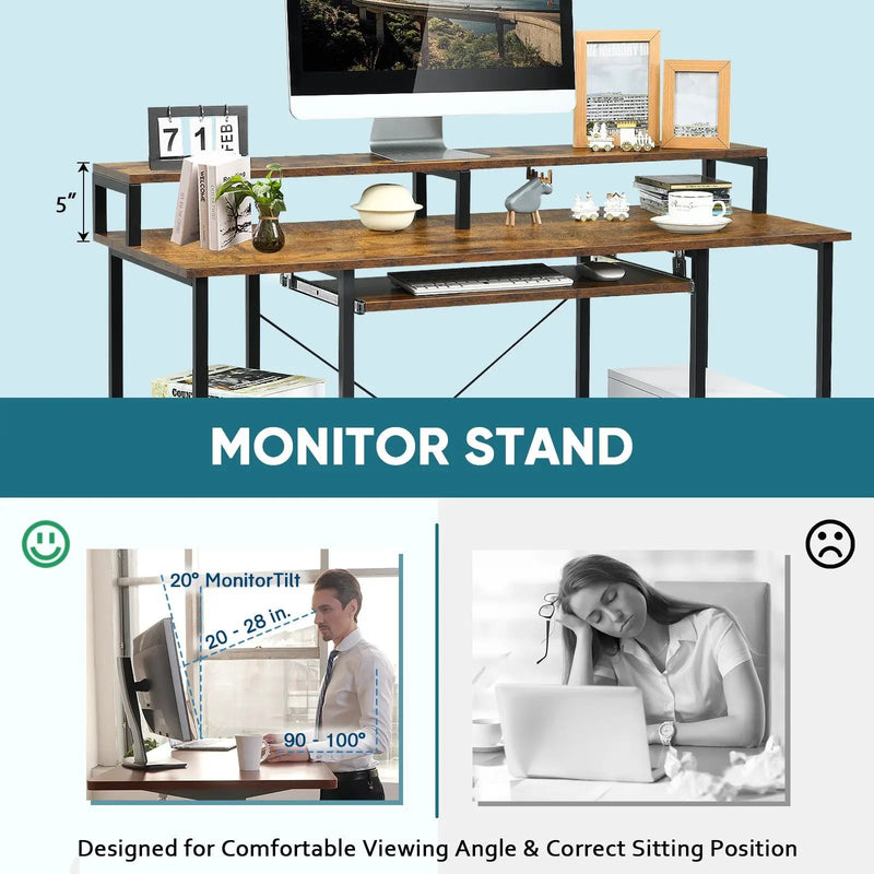 47 Inches Computer Desk Writing Study Table with Keyboard Tray and Monitor Stand by DirectDeals