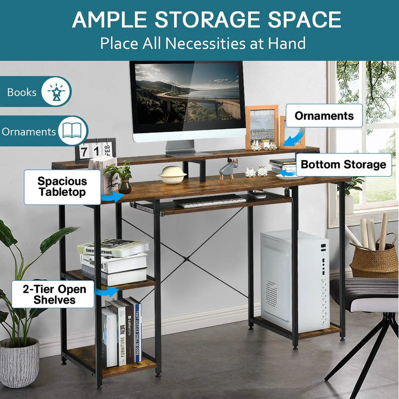 47 Inches Computer Desk Writing Study Table with Keyboard Tray and Monitor Stand by DirectDeals