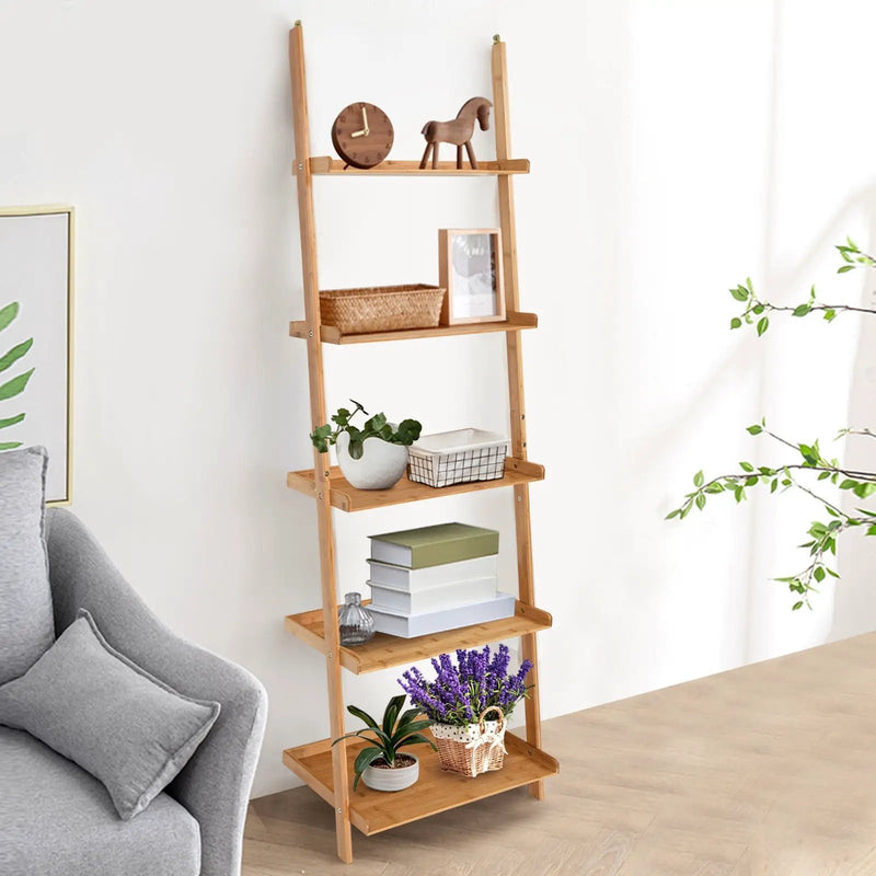 5-Tier Ladder Shelf Bamboo Bookshelf Wall-Leaning Storage Display Plant Stand-Natural by DirectDeals