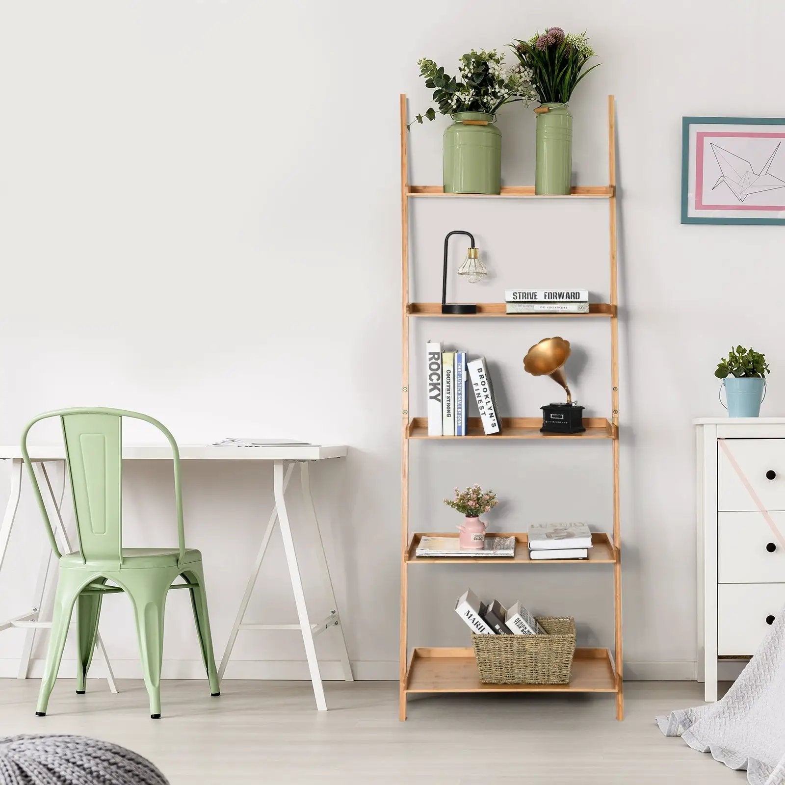 5-Tier Ladder Shelf Bamboo Bookshelf Wall-Leaning Storage Display Plant Stand-Natural by DirectDeals
