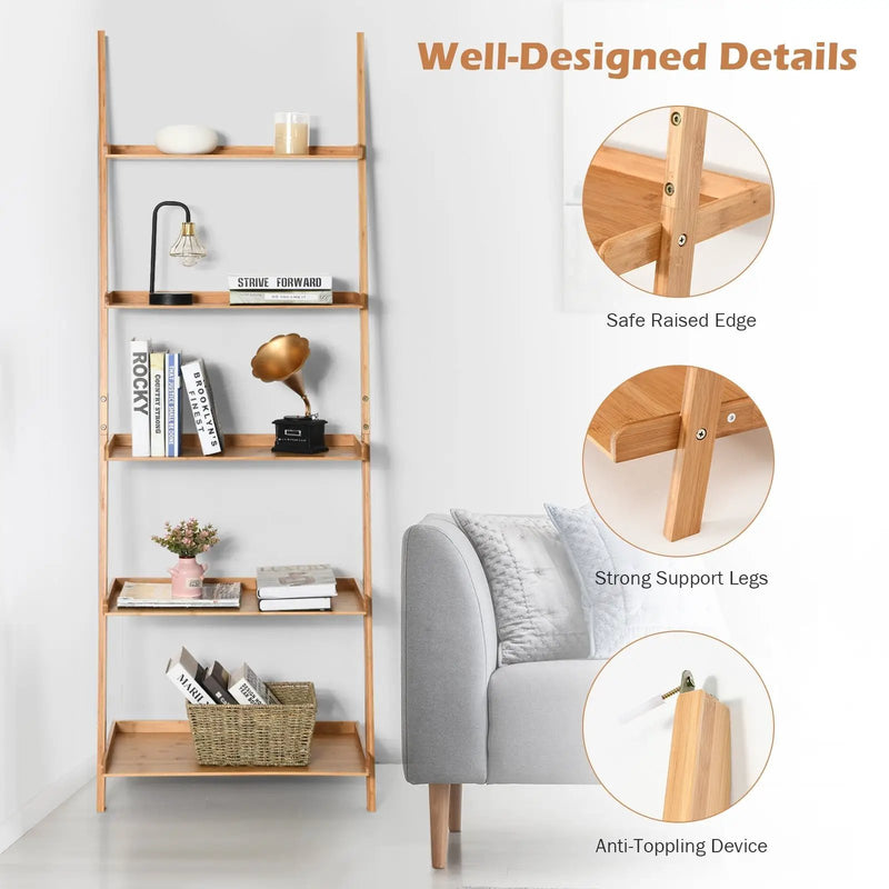 5-Tier Ladder Shelf Bamboo Bookshelf Wall-Leaning Storage Display Plant Stand-Natural by DirectDeals