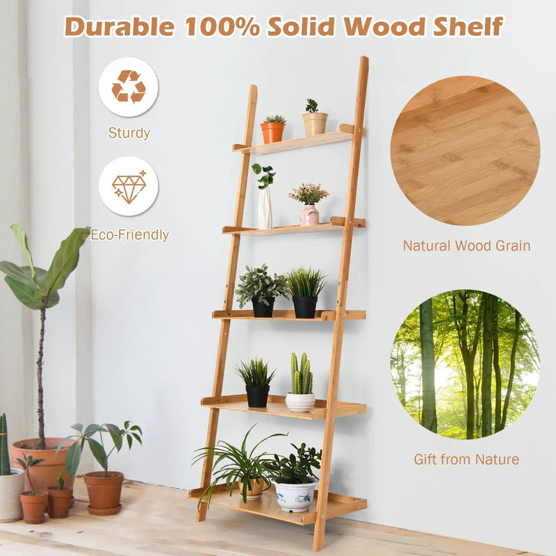 5-Tier Ladder Shelf Bamboo Bookshelf Wall-Leaning Storage Display Plant Stand-Natural by DirectDeals