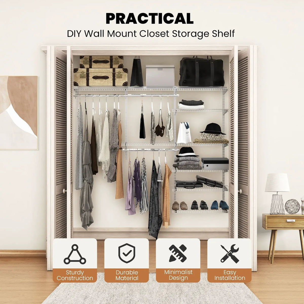 Adjustable Closet Organizer Kit with Shelves and Hanging Rods for 4 to 6 Feet, photo 12 of 16