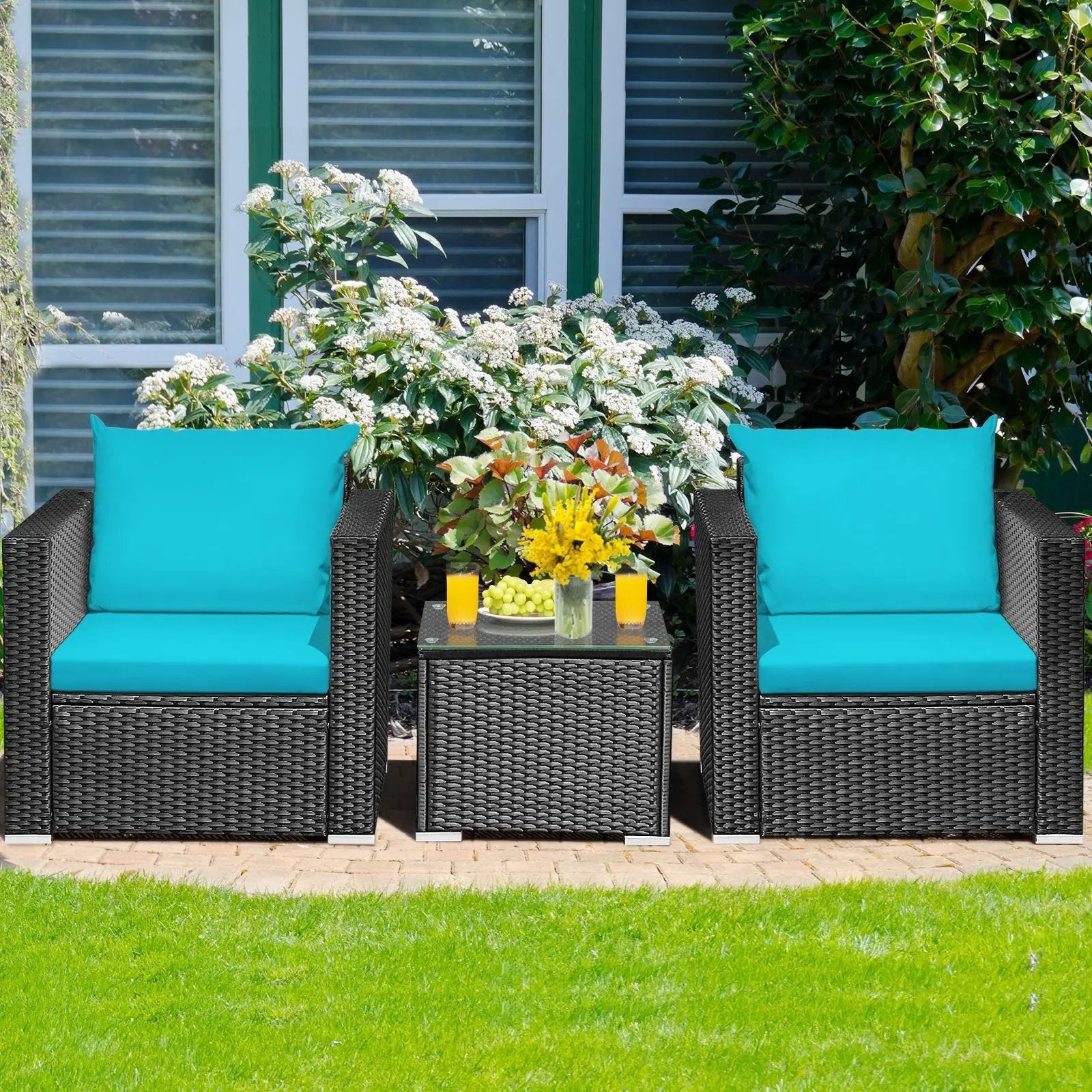 3 Pieces Patio Wicker Conversation Set with Cushion by DirectDeals