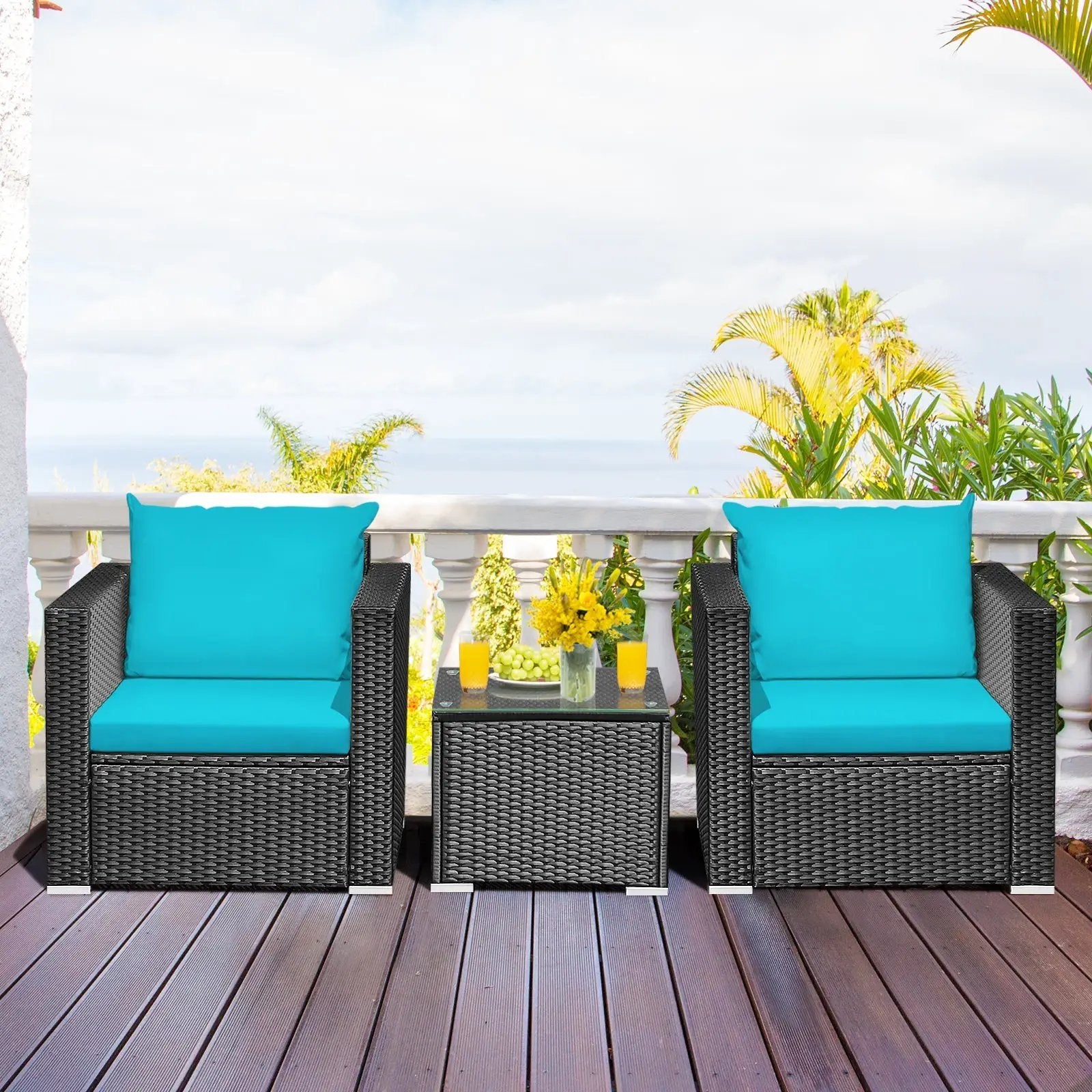3 Pieces Patio Wicker Conversation Set with Cushion by DirectDeals