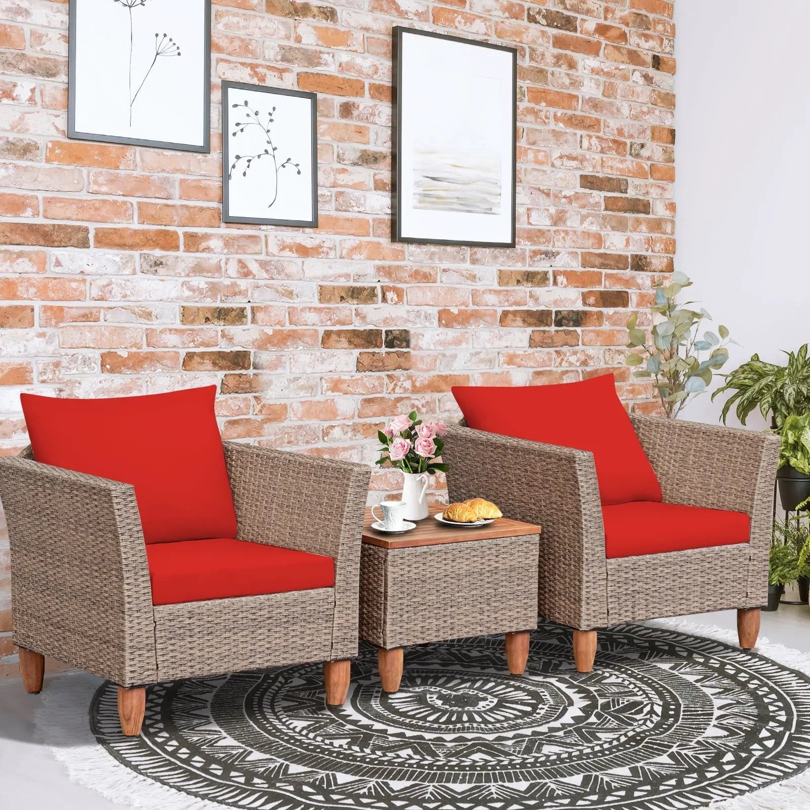 3 Pieces Patio Rattan Furniture Set with Washable Cushion for Yard Porch by DirectDeals