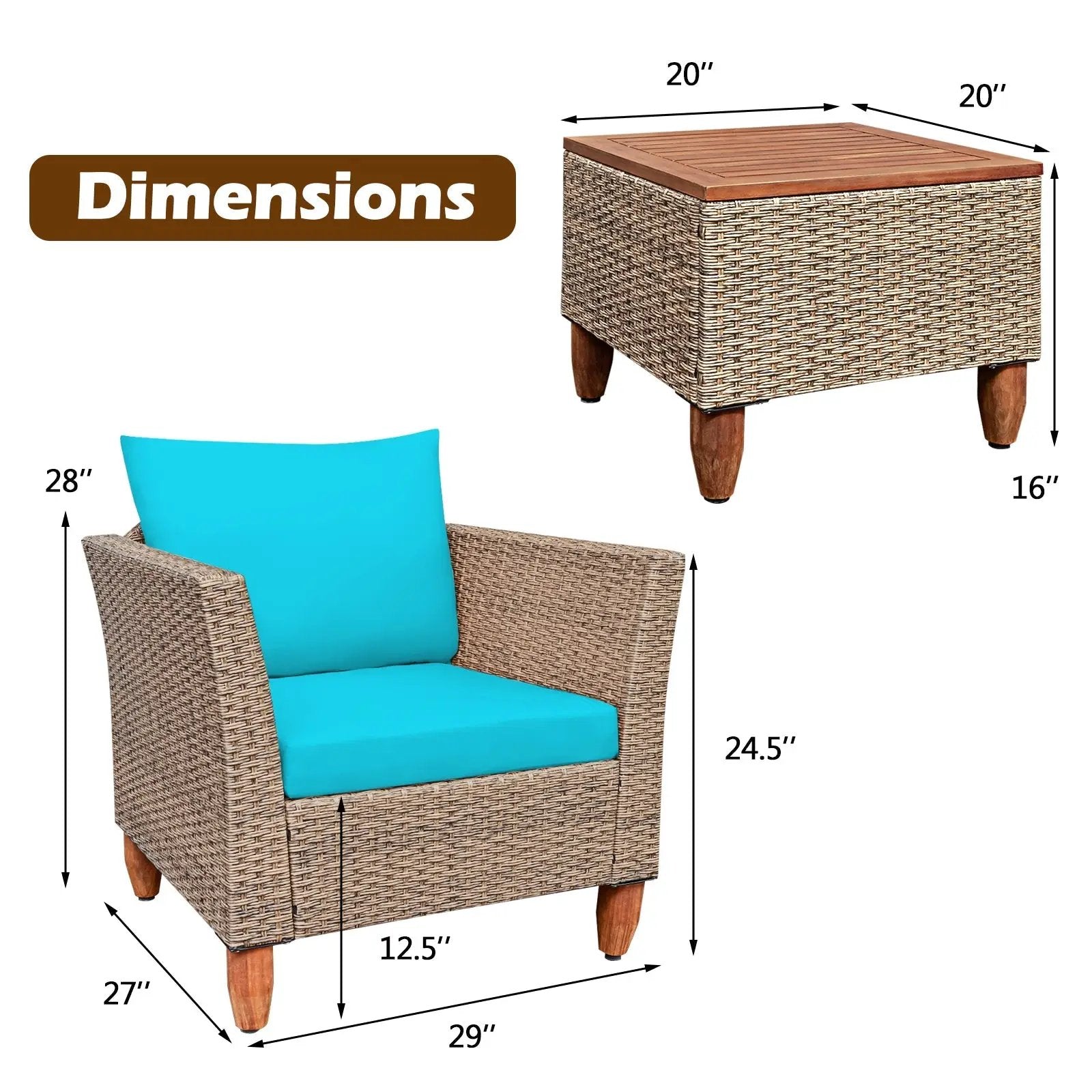 3 Pieces Patio Rattan Furniture Set with Washable Cushion for Yard Porch by DirectDeals
