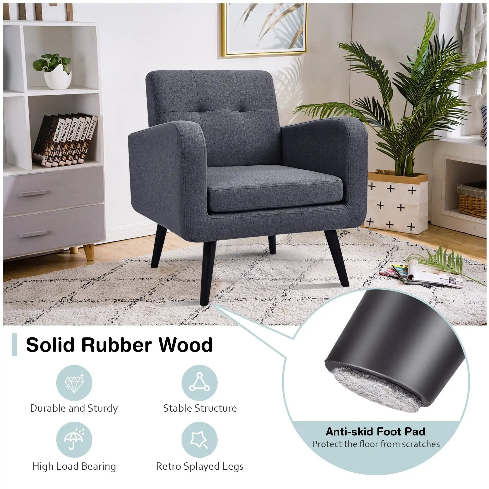 Modern Upholstered Comfy Accent Chair Single Sofa with Rubber Wood Legs by DirectDeals