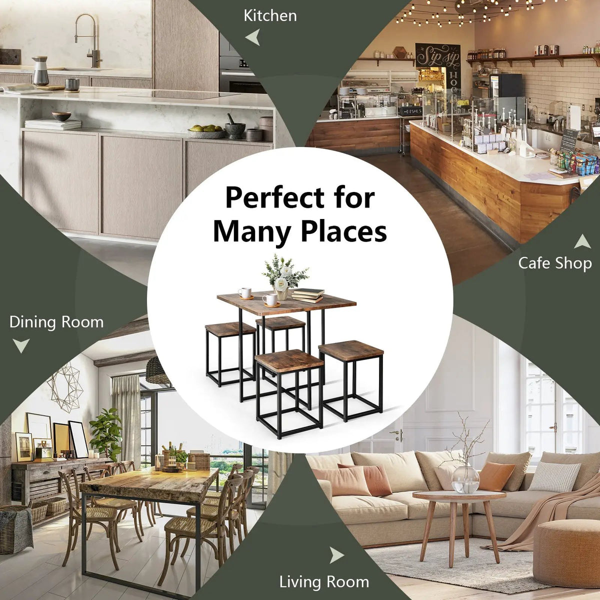 5 Pieces Metal Frame Dining Set with Compact Dining Table and 4 Stools by DirectDeals