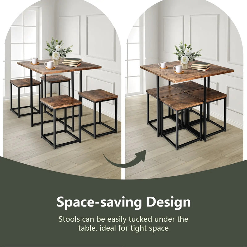 5 Pieces Metal Frame Dining Set with Compact Dining Table and 4 Stools by DirectDeals