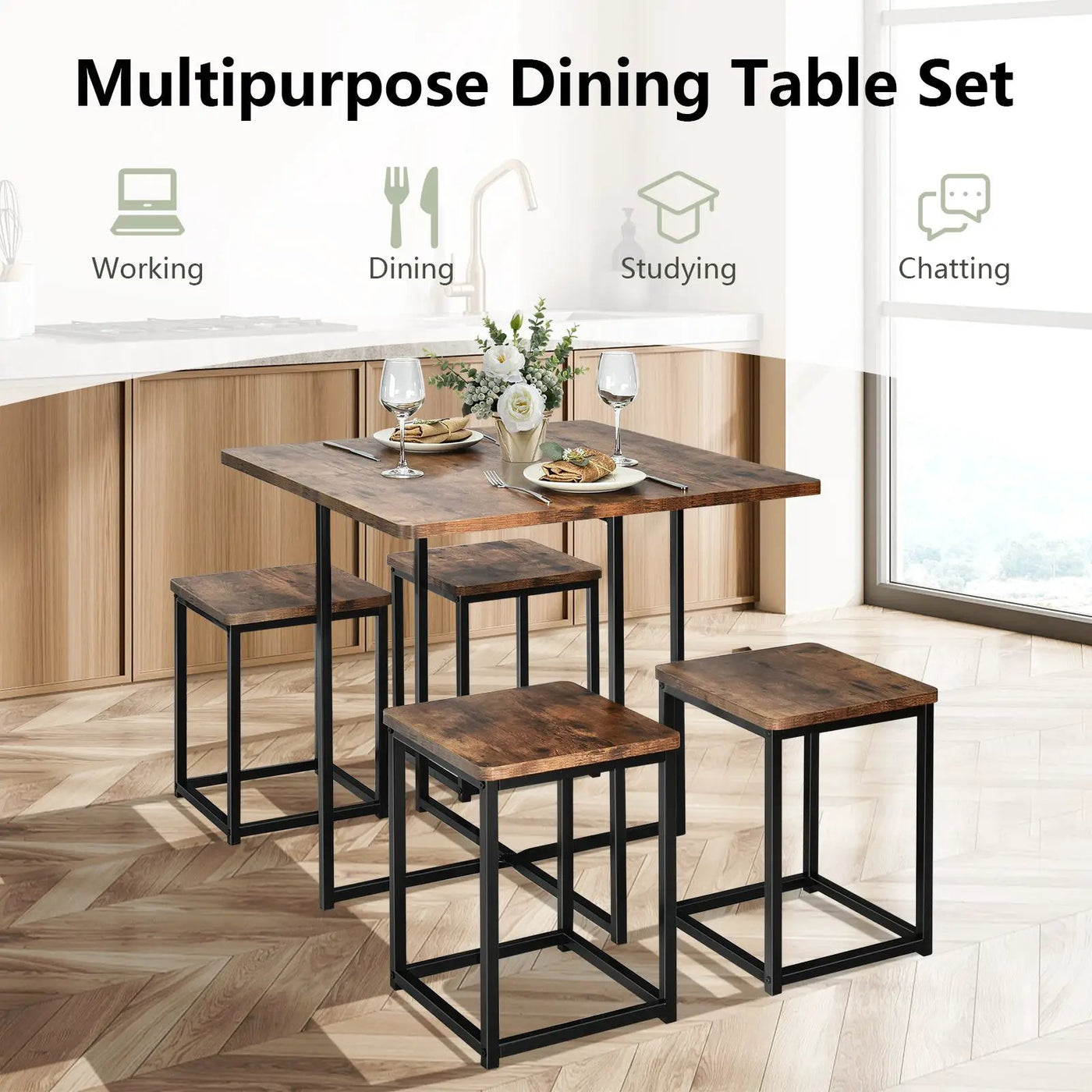 5 Pieces Metal Frame Dining Set with Compact Dining Table and 4 Stools by DirectDeals