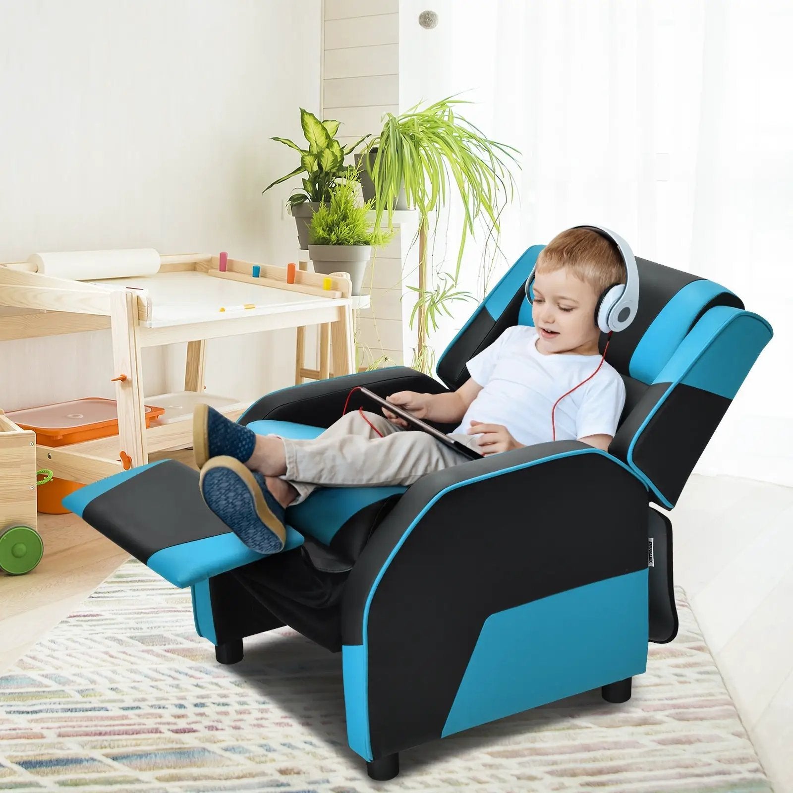 Kids Youth PU Leather Gaming Sofa Recliner with Headrest and Footrest by DirectDeals