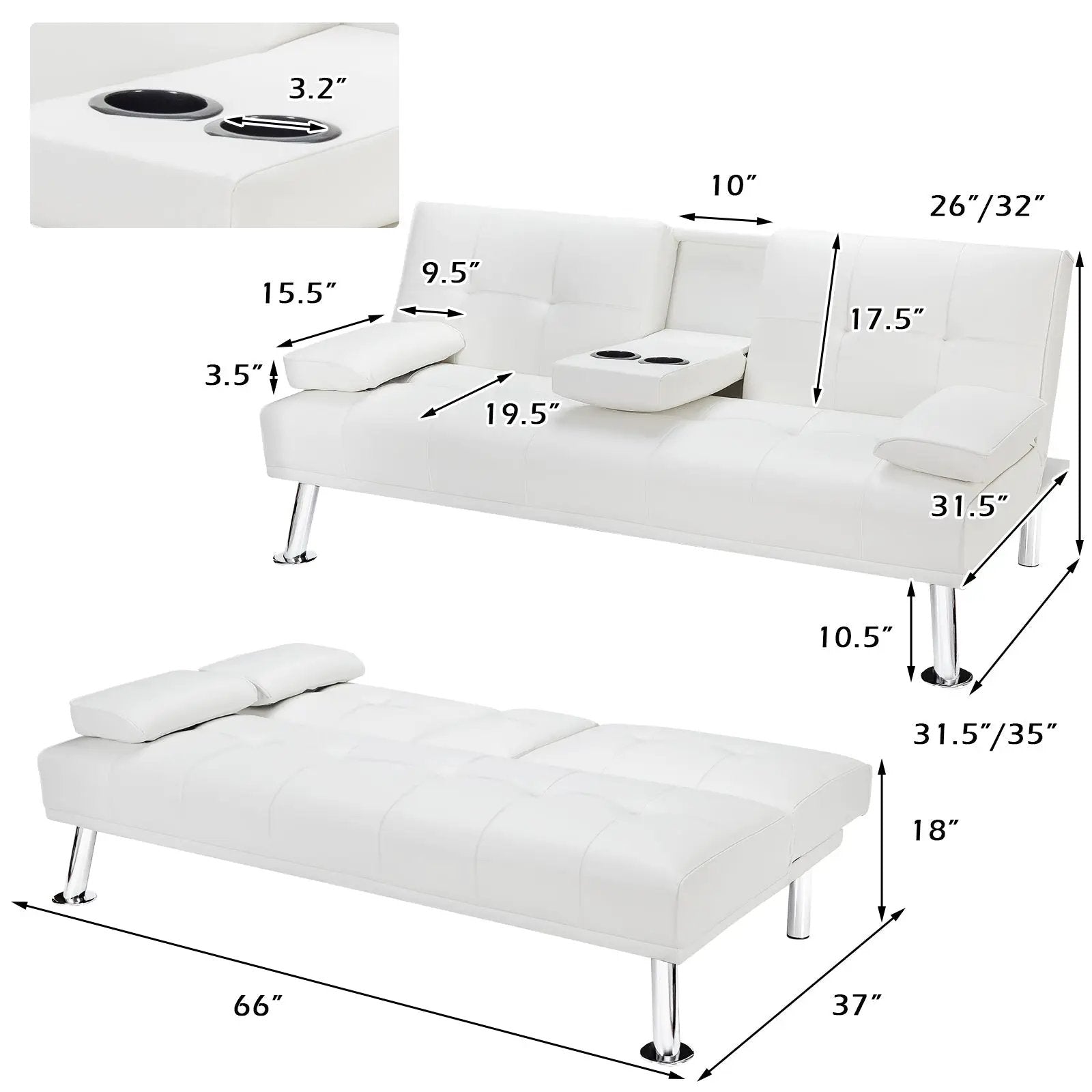 Convertible Folding Leather Futon Sofa with Cup Holders and Armrests by DirectDeals