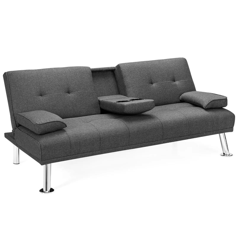 Convertible Folding Futon Sofa Bed Fabric with 2 Cup Holders by DirectDeals