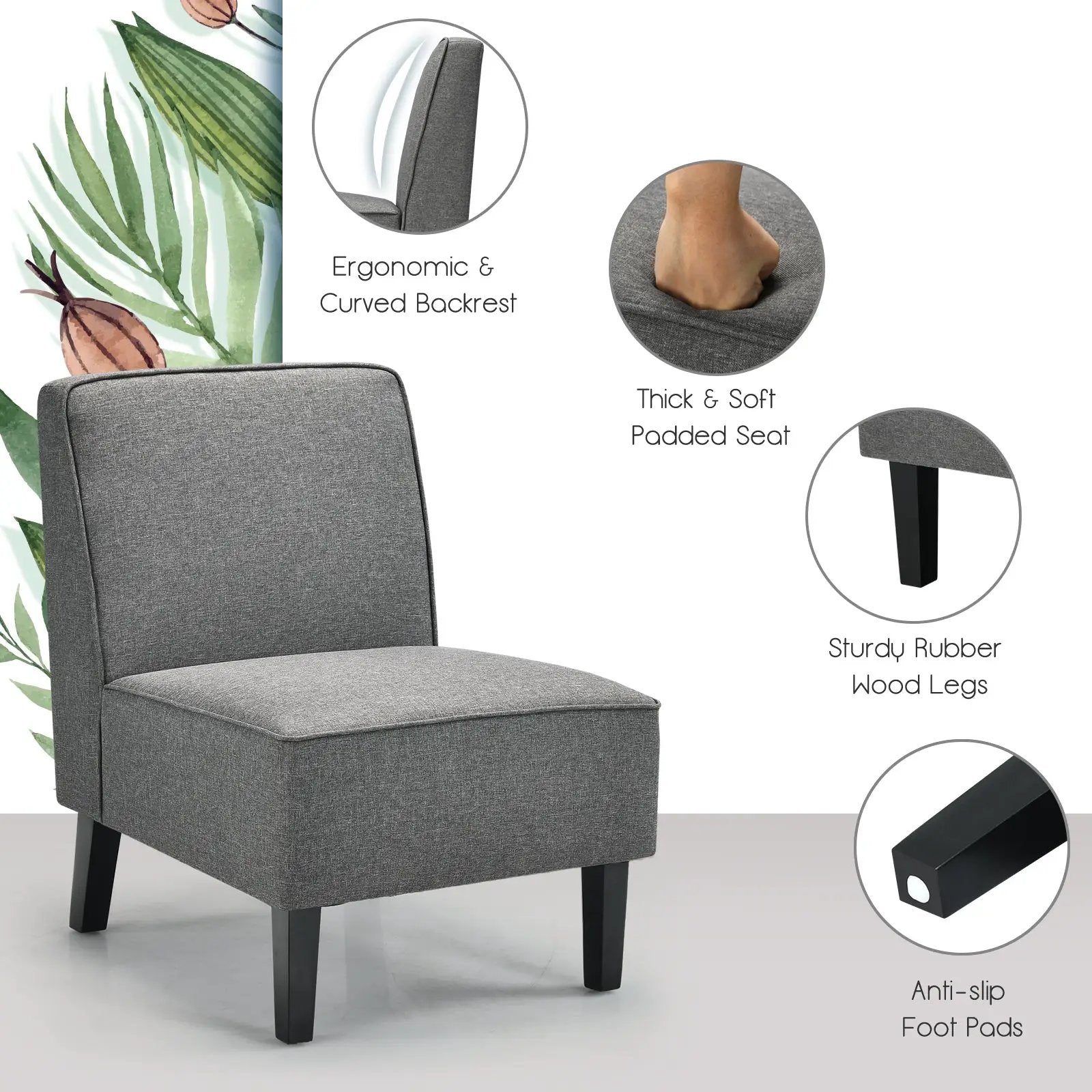 Modern Armless Accent Sofa Chair with Rubber Wood Legs by DirectDeals