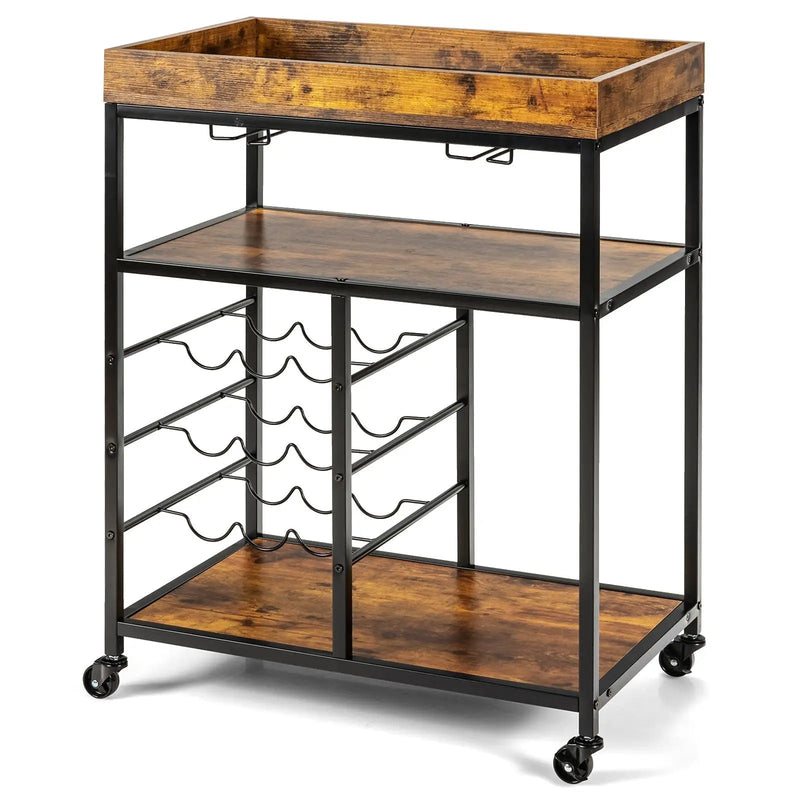 3-Tier Wood Rolling Kitchen Serving Cart with 9 Wine Bottles Rack Metal Frame-Rustic Brown by DirectDeals