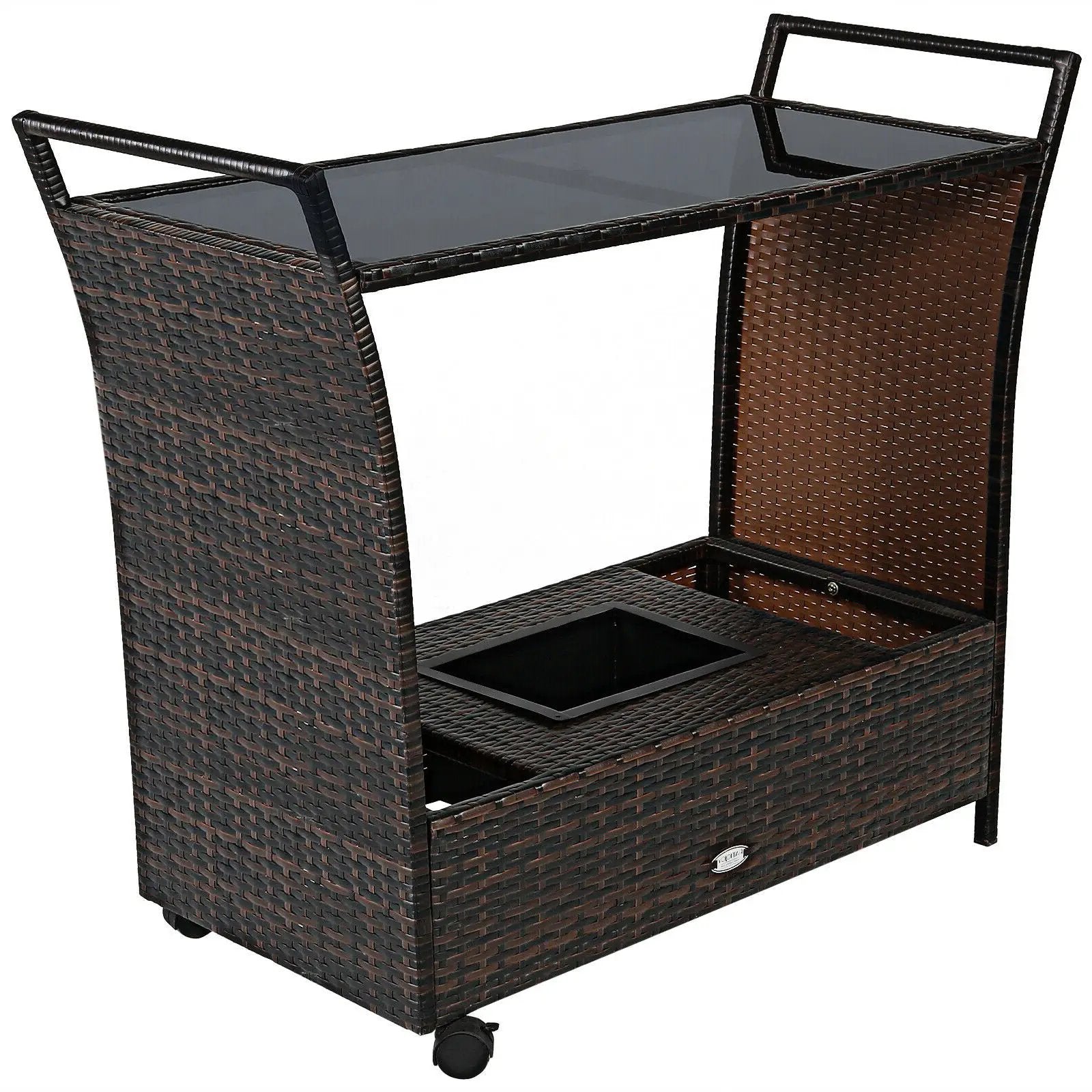 Patio Rattan Bar Serving Cart with Glass Top and Handle by DirectDeals