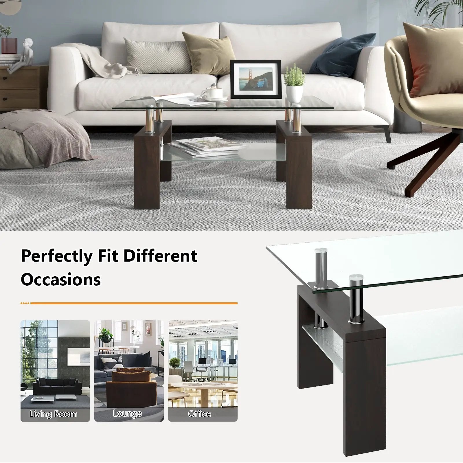 Rectangular Tempered Glass Coffee Table with Shelf by DirectDeals