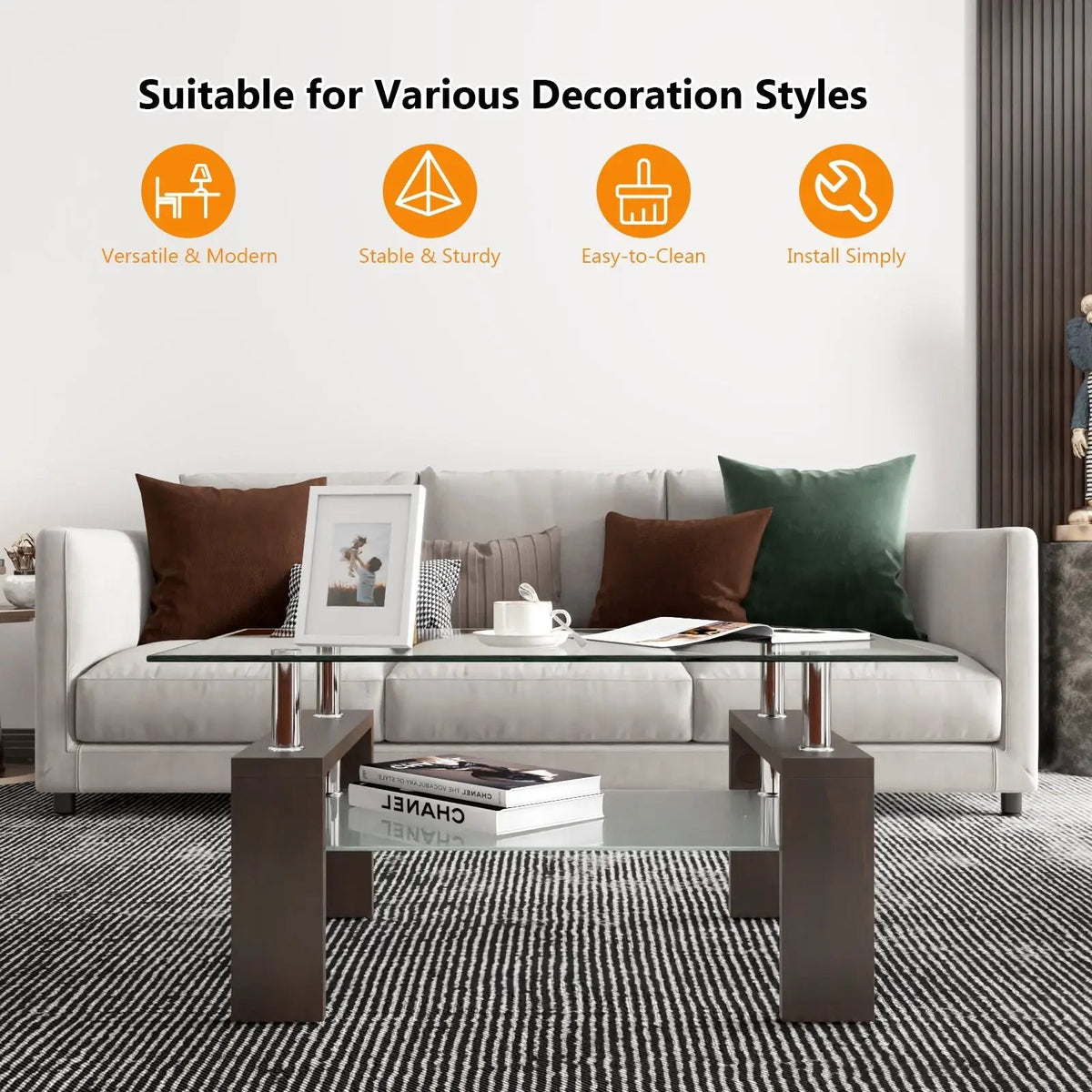 Rectangular Tempered Glass Coffee Table with Shelf, photo 6 of 32