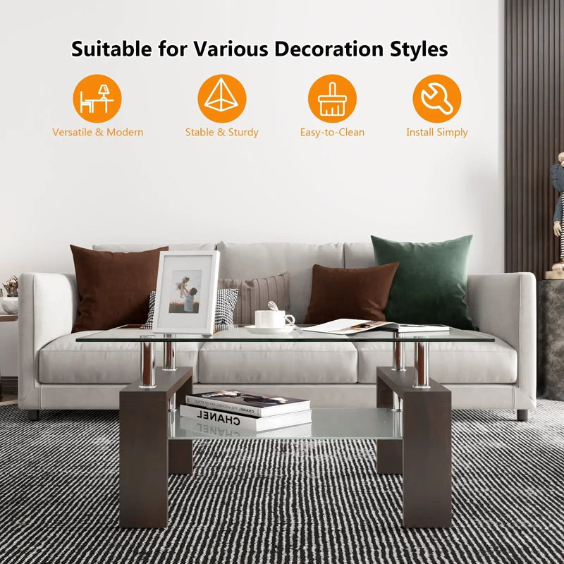 Rectangular Tempered Glass Coffee Table with Shelf by DirectDeals