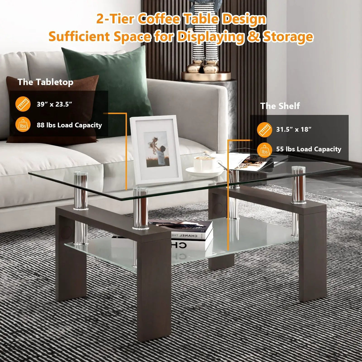 Rectangular Tempered Glass Coffee Table with Shelf, photo 32 of 32
