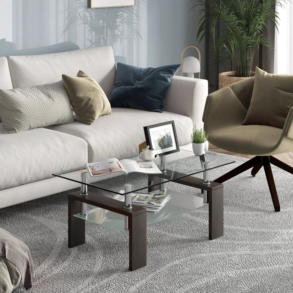 Rectangular Tempered Glass Coffee Table with Shelf, photo 3 of 32