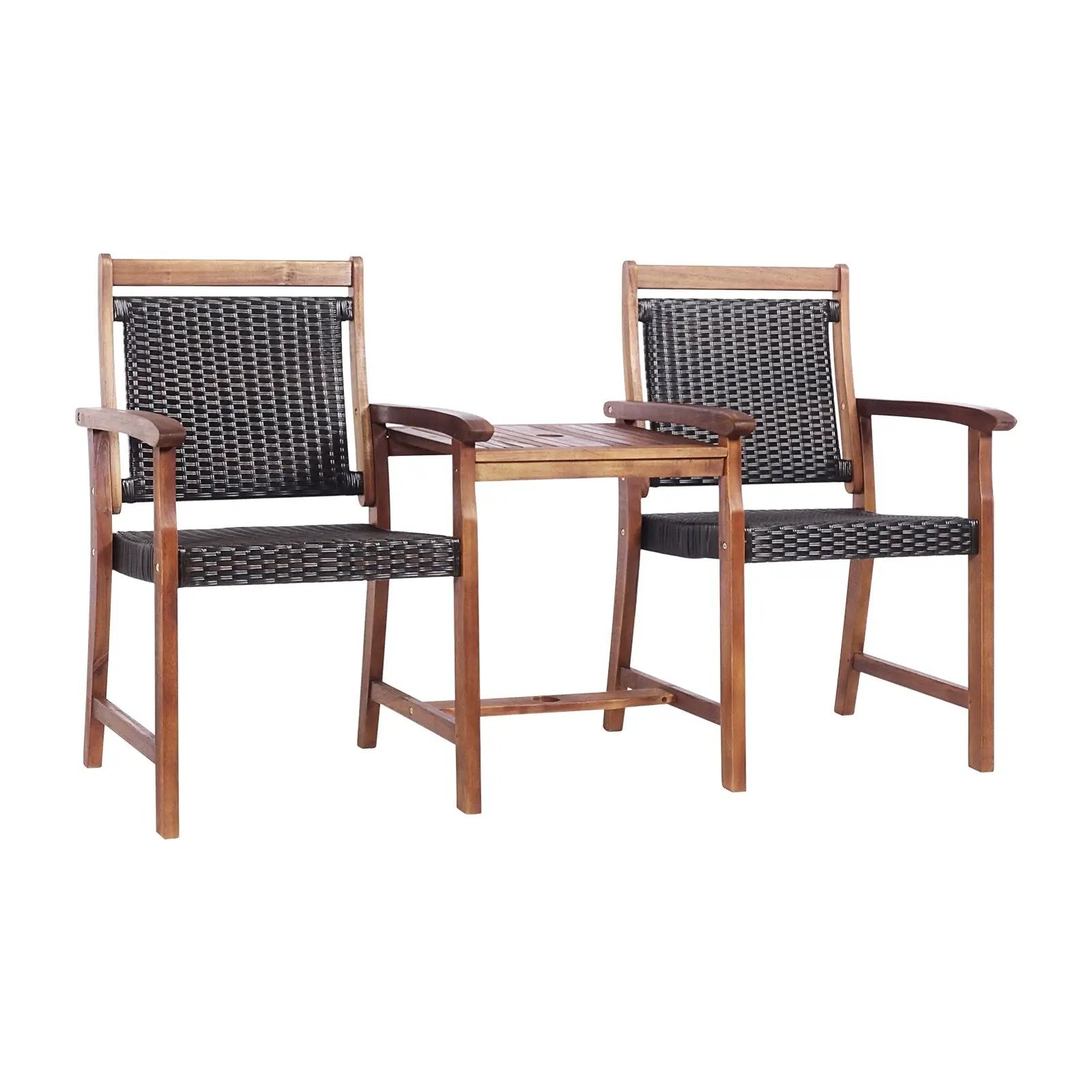 2-Seat Patio Rattan Acacia Wood Chair with Coffee Table by DirectDeals