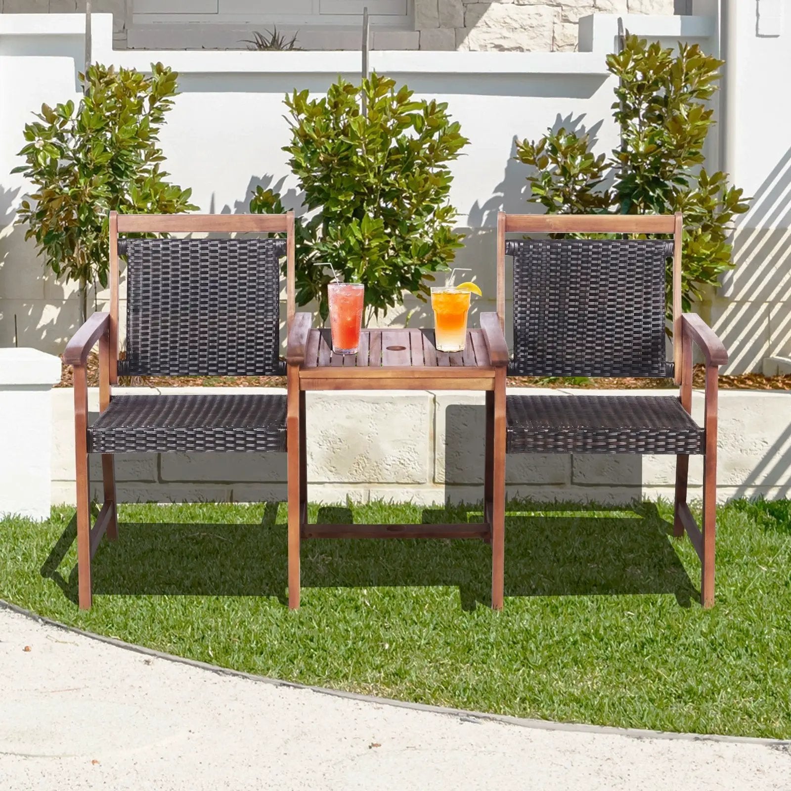 2-Seat Patio Rattan Acacia Wood Chair with Coffee Table by DirectDeals